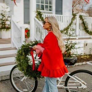 NWT Elizabeth Wilson Design Caroline Cape Coat red wool w/ red gingham lining